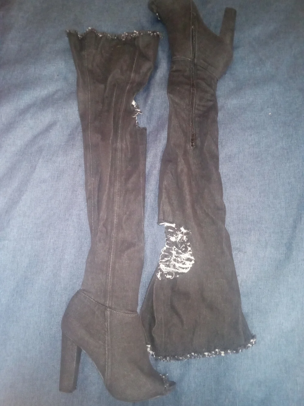 CAPE Black Torn Denim Over-the-Knee Peep-Toe High Heel Boots